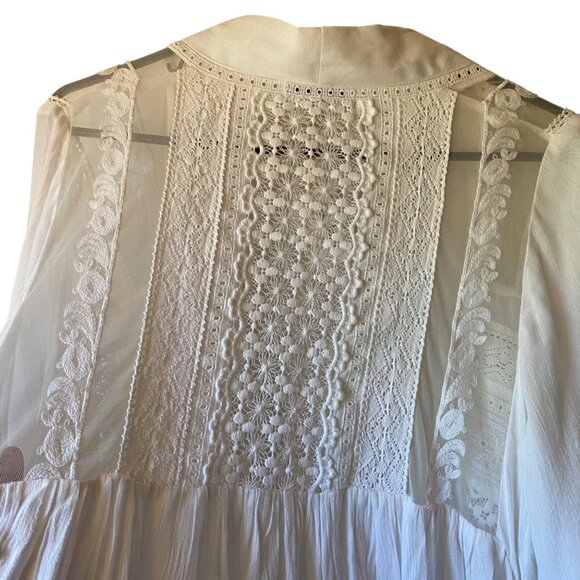 Neiman Marcus White Lace Embroidered Cardigan Cottagecore L Boho Balloon Sleeves - Picture 10 of 15
